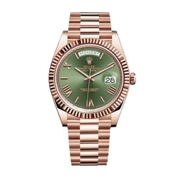 Replica Rolex Day Date Rose Gold 40MM Green Dial m228235 Watch, showcasing a luxurious rose gold case and Green dial.