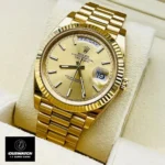 Replica Rolex Day Date Yellow Gold 40mm 228238 Watch at a 75-degree angle, showing off the luxurious yellow gold design and craftsmanship.