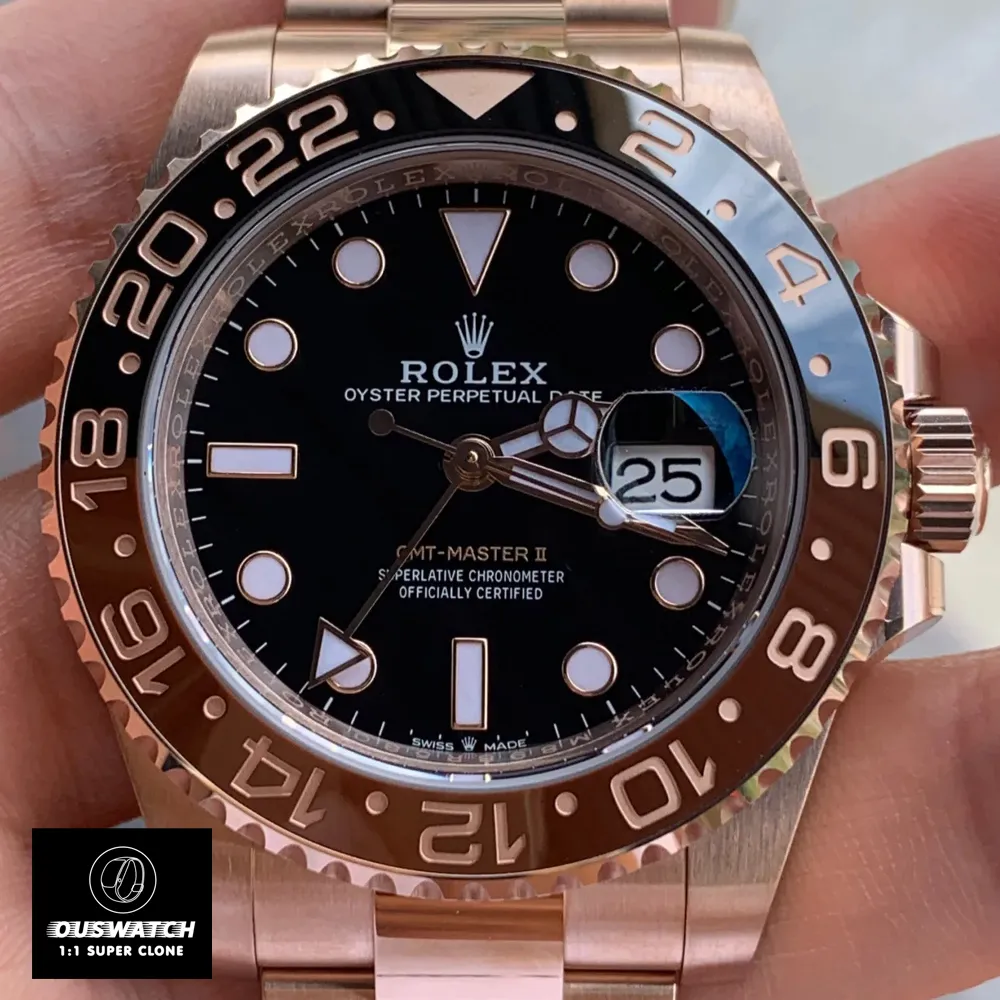 Close-Up of the Black Dial on the Rolex GMT Rose Gold 126715CHNR Watch.