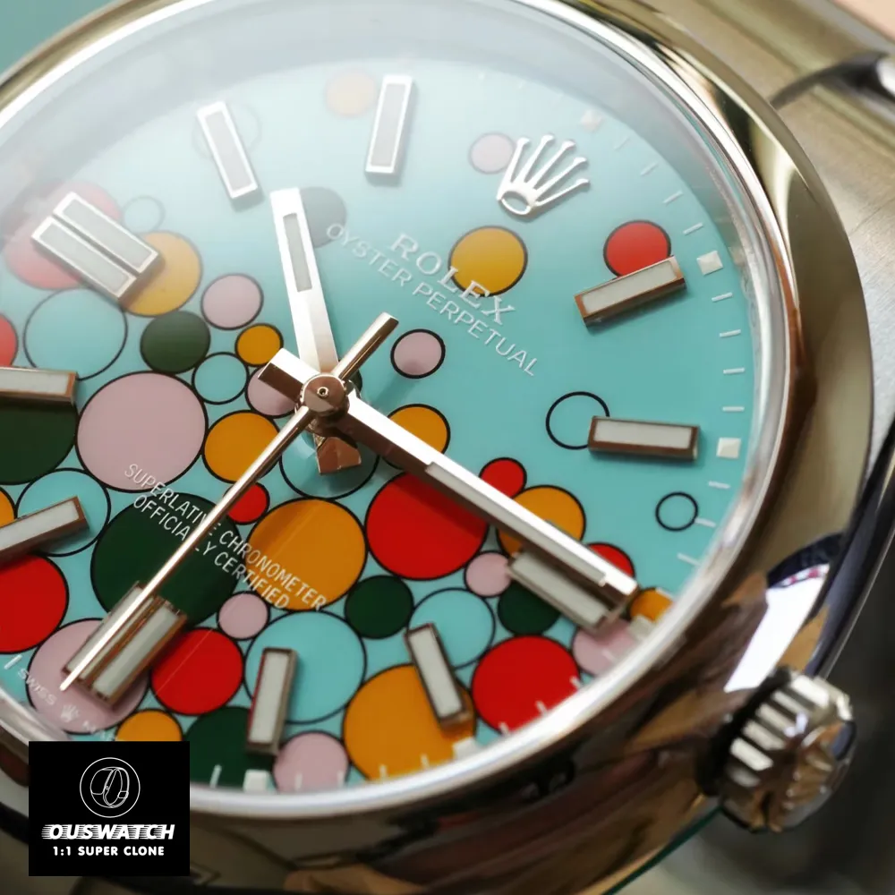 Replica Rolex Oyster Perpetual 41 with Celebration Dial, close-up of design details, highlighting vibrant markers and dial finish.