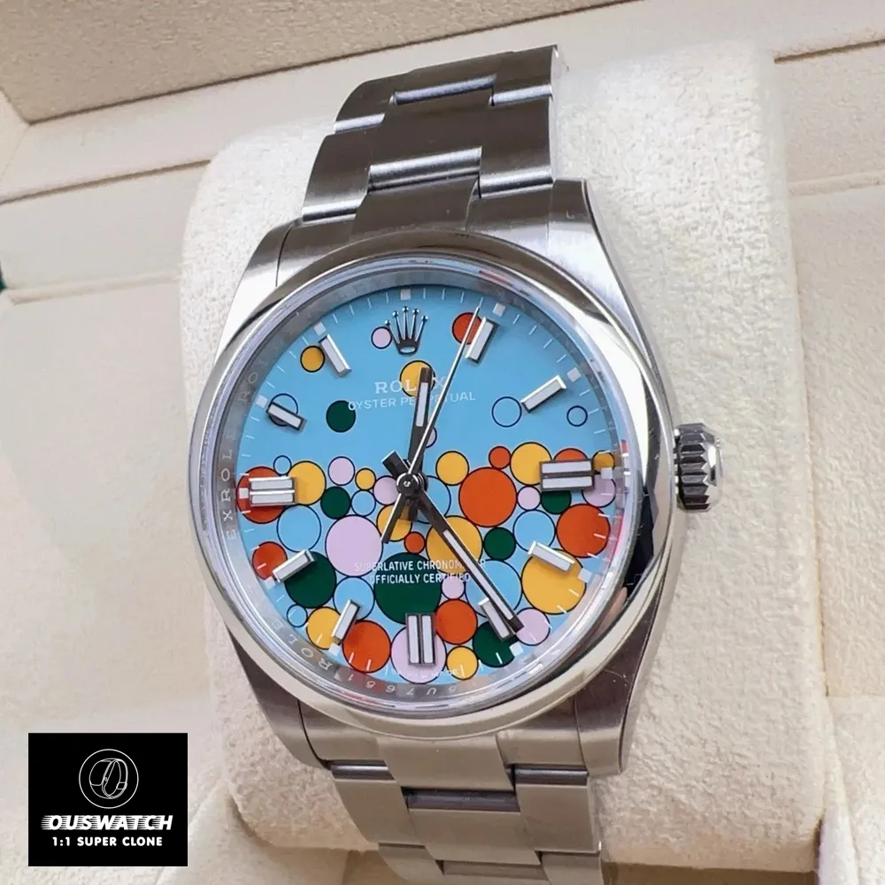 Replica Rolex Oyster Perpetual 41 with Celebration Dial, capturing the unique and joyful design on the 41mm case.