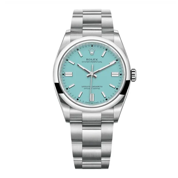 Replica Rolex Oyster Perpetual 41 Tiffany Blue Dial 124300-0006 watch, showcasing the iconic Tiffany Blue color and classic design.