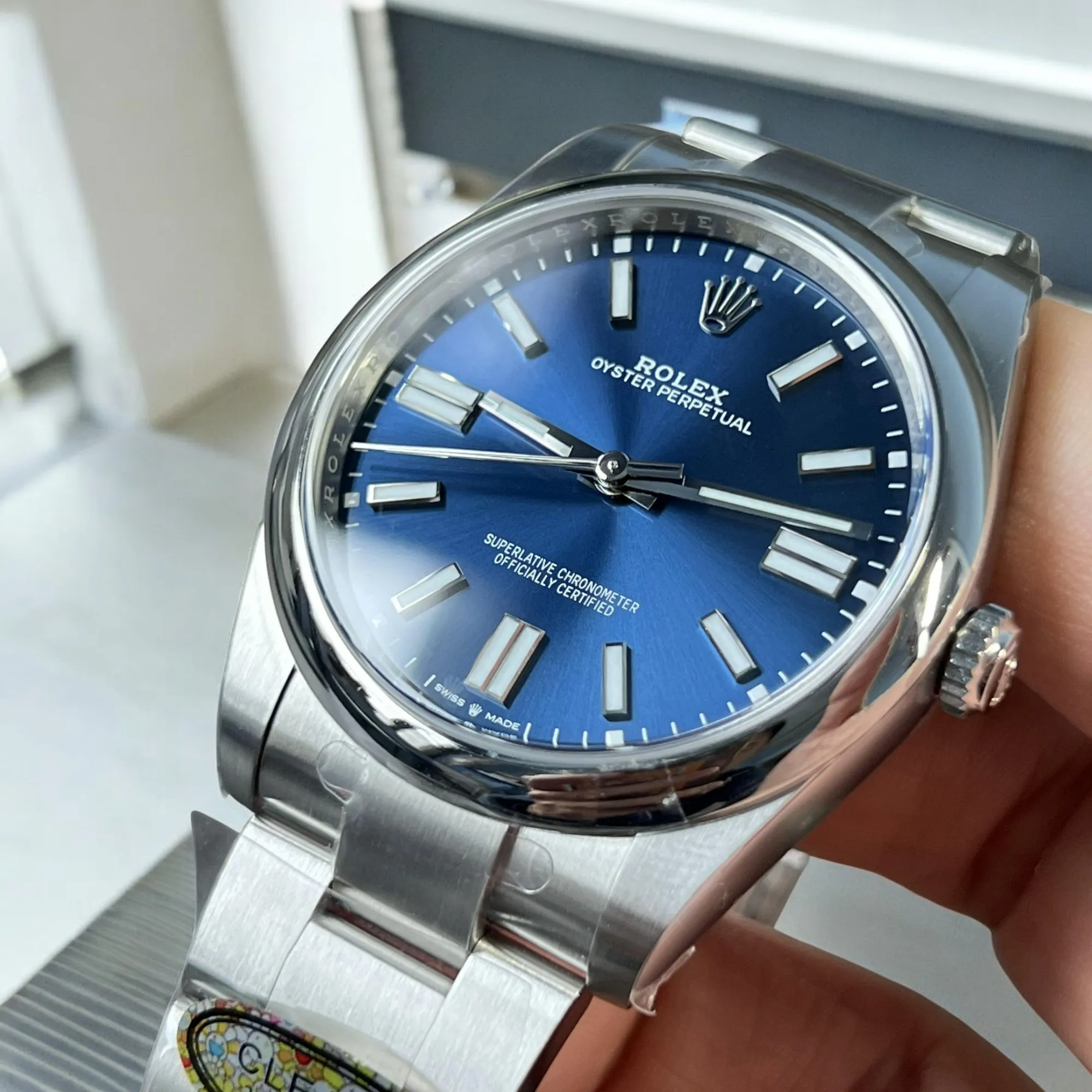 Replica Rolex Oyster Perpetual 41 watch close-up of the Stainless Steel case, highlighting its solid build and premium craftsmanship.