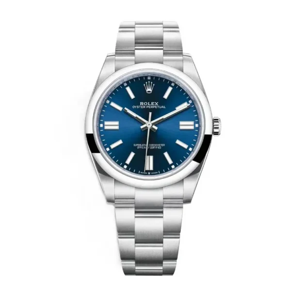 Replica Rolex Oyster Perpetual Blue Dial m124300 Stainless Steel watch, featuring a stunning blue dial and durable Oystersteel case
