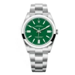 Replica Rolex Oyster Perpetual Green Dial Stainless Steel watch, featuring a vibrant green dial and the iconic Oystersteel case