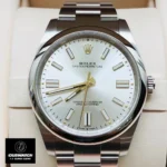 Replica Rolex Oyster Perpetual Silver dial watch front close-up, highlighting the precision craftsmanship and clean design of the silver dial.