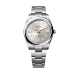 Replica Rolex Oyster Perpetual Silver 41mm m124300-0001 watch, featuring a sleek Oystersteel case and timeless silver dial design.
