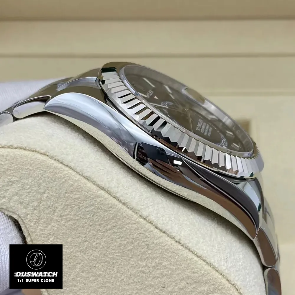 Replica Rolex Sky Dweller Blue Dial watch side case, demonstrating its elegant Oystersteel design and craftsmanship.