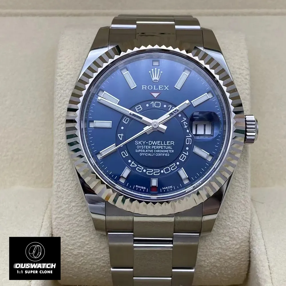 Replica Rolex Sky Dweller Blue m336934 watch front view, showcasing the stunning blue dial and Oystersteel case.