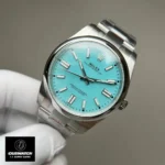 Replica Rolex Tiffany Blue Dial 124300 watch at a 75-degree angle