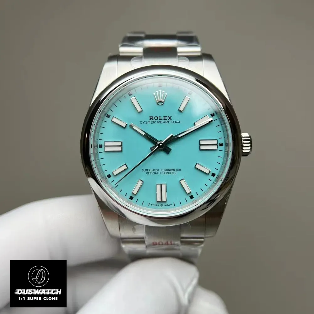 Replica Rolex Tiffany Blue Dial 124300 watch front view, showcasing the exquisite Tiffany Blue dial and Oystersteel case.