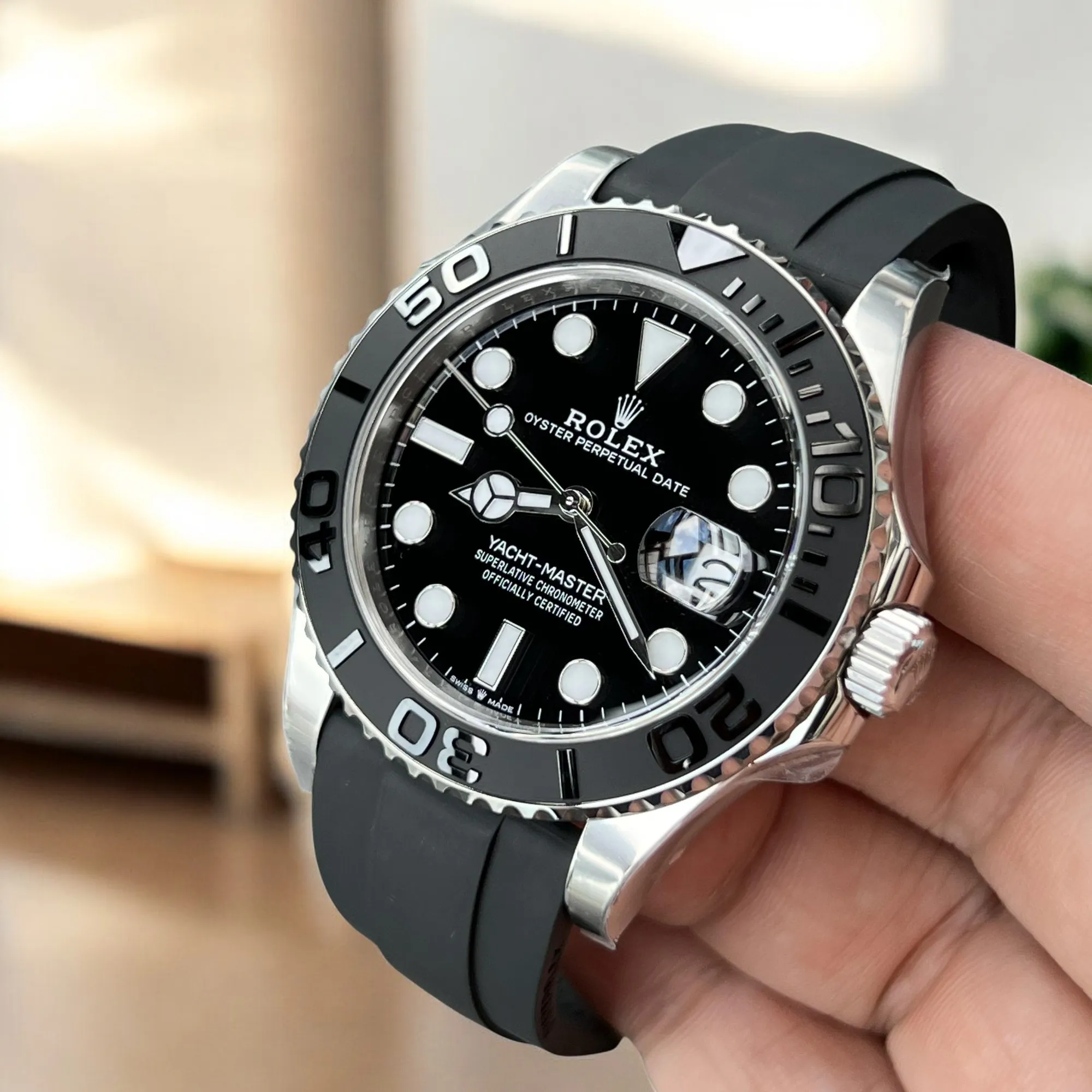 45-degree angle view of the Rolex Yacht Master 42 White Gold Watch