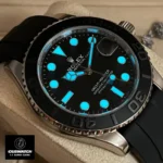 Rolex Yacht Master 42 m126659 displaying its night-time visibility effect, showcasing the luminous hands and markers for easy readability in the dark.