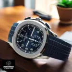 Super Clone Patek Aquanaut blue Chronograph watch sideways on the table
