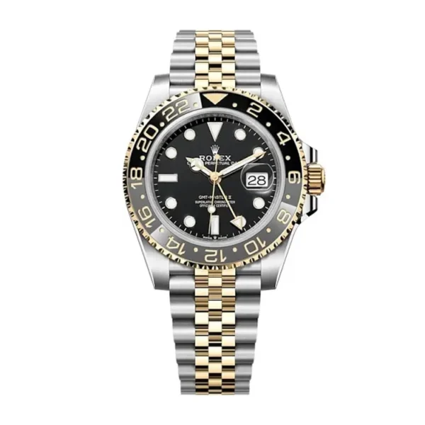 Super Clone Rolex GMT Two Tone 126713GRNR Watch Front View, 904L Stainless Steel and Yellow Gold Two-Tone, Black Dial