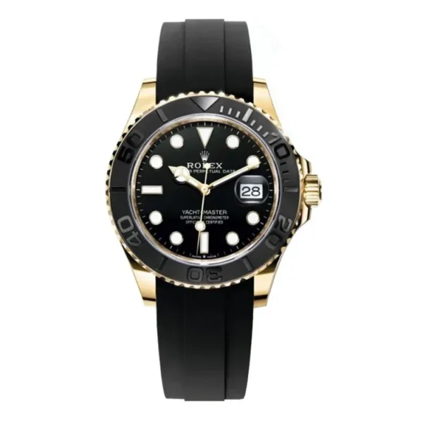 Super Clone Rolex Yacht Master II m226658 Watch featuring Yellow Gold Case, Black Dial, Oysterflex Bracelet, and Ceramic Cerachrom Bezel