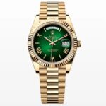 Top Replica Gold Rolex Green Face Day Date 40 Luxury Presidential Watch, featuring a stunning green ombré dial, yellow gold case, and iconic President bracelet.