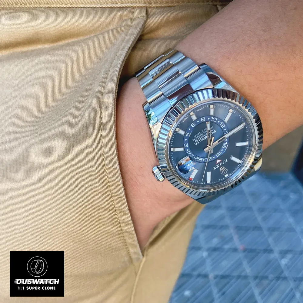 Close-up of the Replica Rolex Blue Dial Sky Dweller watch worn on the wrist, emphasizing its modern design and prestige.