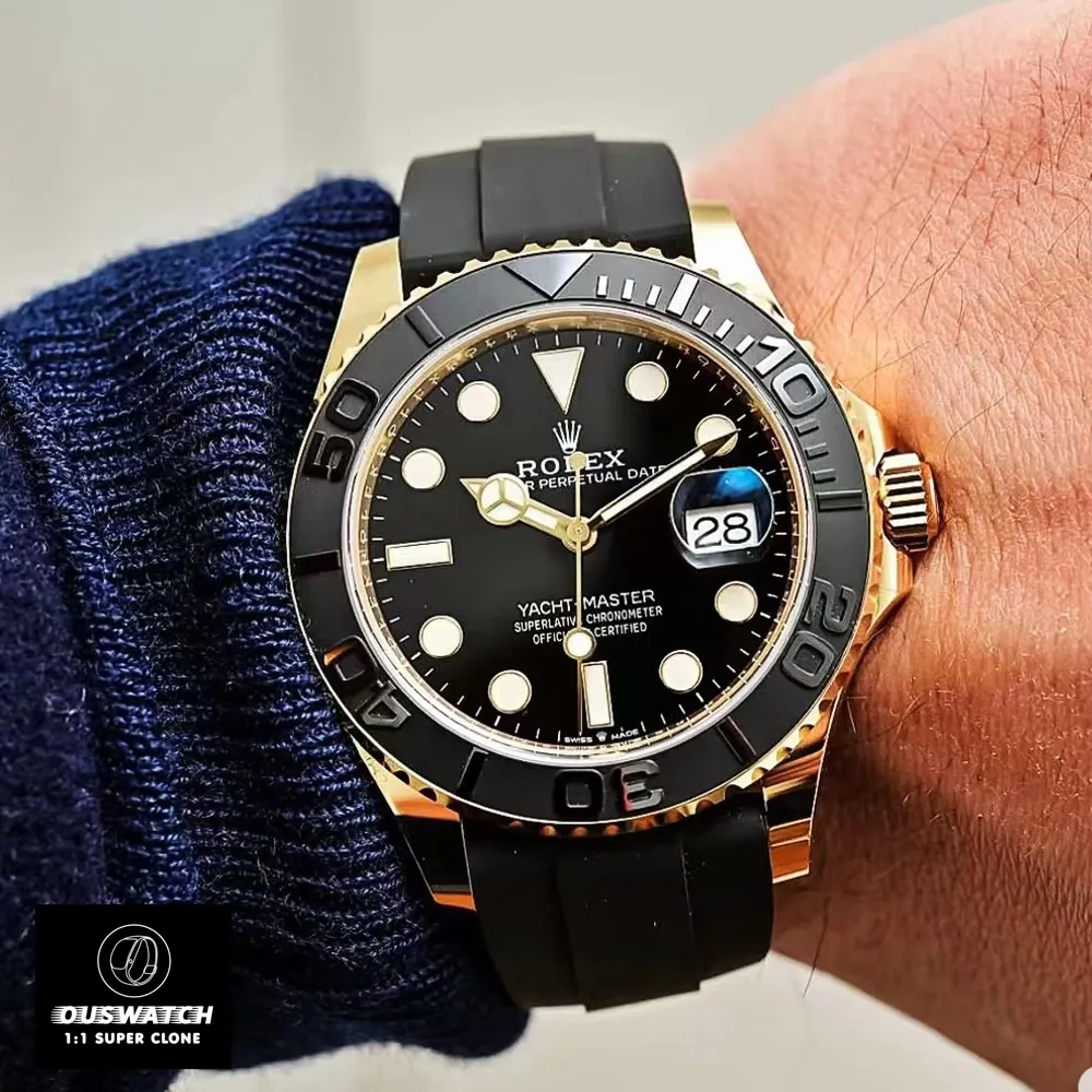 Wearing Super clone Rolex Yacht Master II Yellow Gold Watch on the Wrist