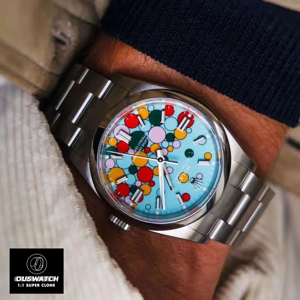 Replica Rolex 124300 Oyster Perpetual 41, worn on the wrist, showcasing the stylish design and comfortable fit.