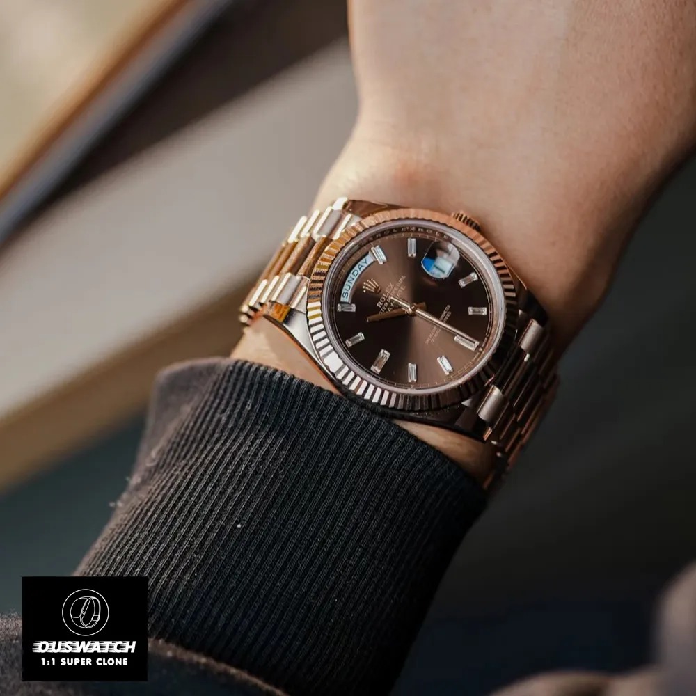 Super Clone Rolex Chocolate Dial Day Date Rose Gold Watch worn on the wrist