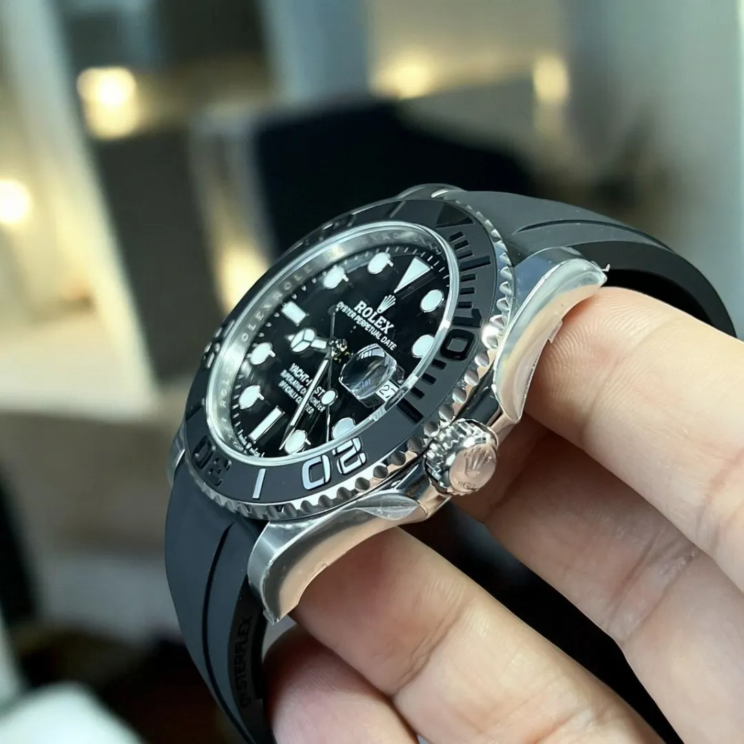 Side view of the Yacht Master White Gold Watch, focusing on the polished crown and its refined design.