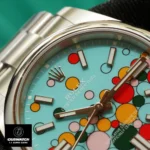Another close-up of the Replica Rolex Oyster Perpetual 41 with Celebration Dial, emphasizing the craftsmanship and lively design elements.
