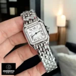 120-degree angle view of the Panthère de Cartier small model W4PN0016 super clone watch, highlighting its sleek design and diamond-set bezel