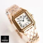 120-degree angle view of the rose gold Cartier Panthère WGNP0006 watch dupe, highlighting its sleek profile.