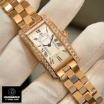 Angled shot of the Cartier Tank Américaine WJTA0043 watch dupe, capturing its slim profile and luxurious appeal.