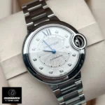 120-degree angled view of W4BB0021 watch dupe featuring curved sapphire crystal and signature blue crown