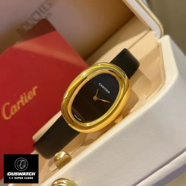 45-degree close-up of Cartier Baignoire Mini WGBA0040 watch dupe, presenting the curved case and classic mini size for ladies.