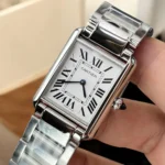 Angled 45-degree shot of the Cartier Tank Must watch dupe WSTA0052, emphasizing the sleek profile and classic aesthetic.