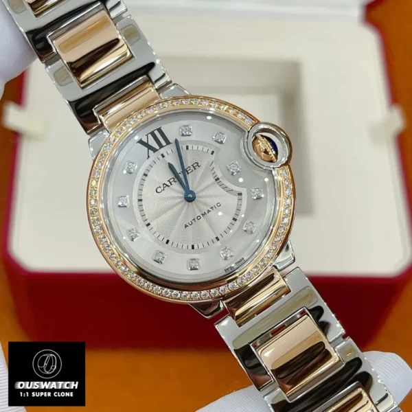 45-degree angled view of W3BB0023 watch replica with dual-tone bracelet and curved sapphire crystal