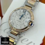 45-degree angle view of the Cartier Ballon Bleu two-tone watch dupe, model W3BB0023.