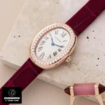 Luxury Watch Dupe Display - Cartier Baignoire WJBA0031 on Marble Surface with Rose Gold Case