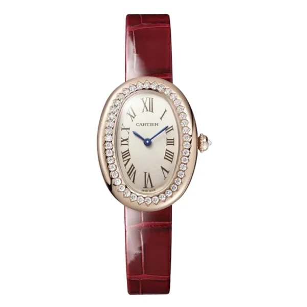 High-quality dupe of the Cartier Baignoire Small Model in rose gold with diamond accents, reference WJBA0031.