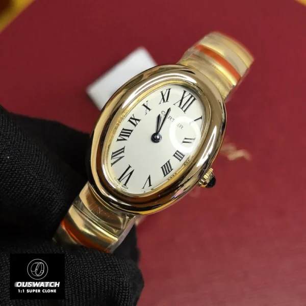 45-degree closeup of Cartier Baignoire Small WGBA0013 watch dupe dial with Roman numerals