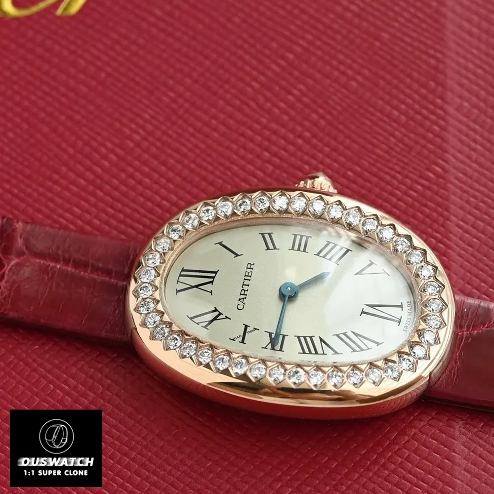 Detailed view of the rose gold diamond-studded case on the Cartier Baignoire WJBA0031 watch dupe.