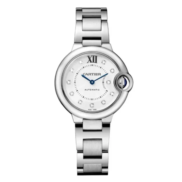 High-quality dupe of the Cartier Ballon Bleu 33mm ladies' watch featuring a silver diamond dial, displayed against a white background.