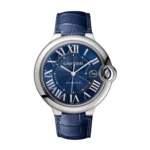 High-quality watch dupe of the Cartier Ballon Bleu 42mm featuring a blue dial and stainless steel case, displayed on a white background