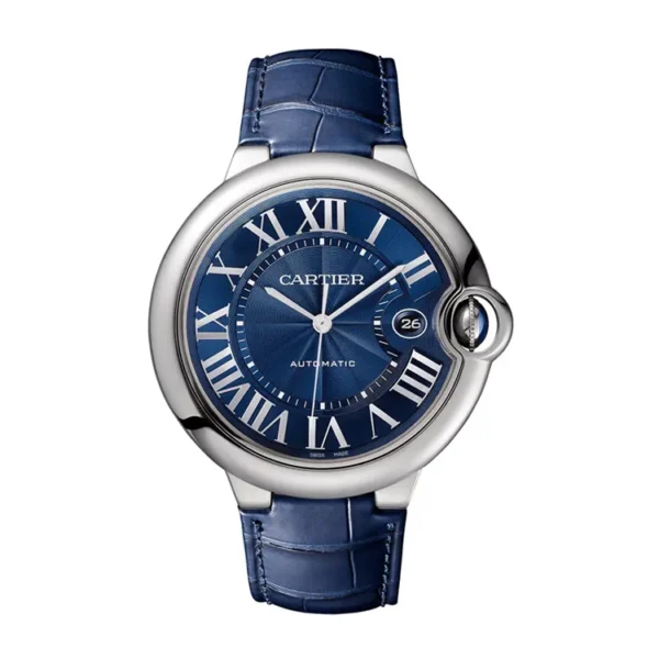 High-quality watch dupe of the Cartier Ballon Bleu 42mm featuring a blue dial and stainless steel case, displayed on a white background