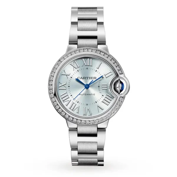 Luxury watch dupe alternative - Cartier Ballon Bleu 33mm blue sunray dial diamond bezel W4BB0028 replica white background showcase