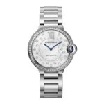Affordable Cartier Ballon Bleu Dupe with Diamond Dial and Bezel on White Background | 33mm Luxury Watch Replica