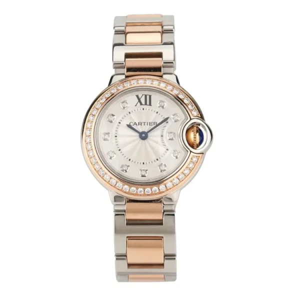Cartier Ballon Bleu two-tone rose gold & steel timepiece isolated white background