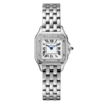 Panthère de Cartier small model W4PN0016 super clone watch in stainless steel with diamond-set bezel, displayed on a white background.