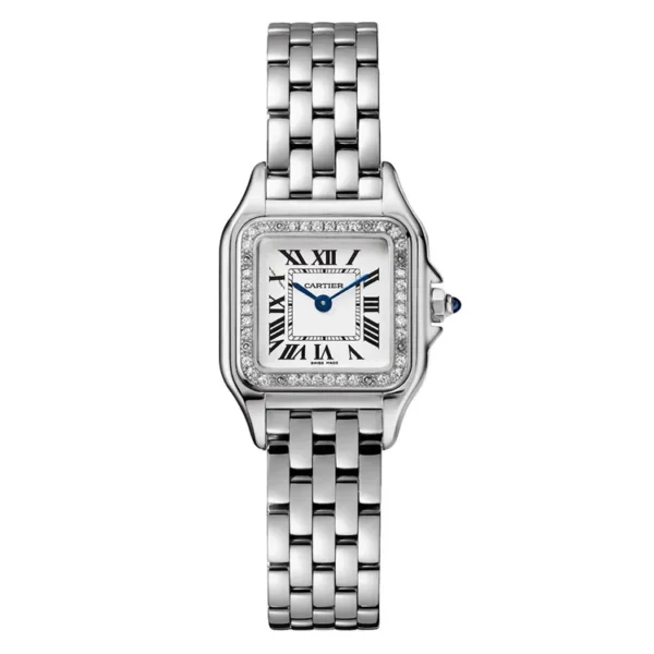 Panthère de Cartier small model W4PN0016 super clone watch in stainless steel with diamond-set bezel, displayed on a white background.
