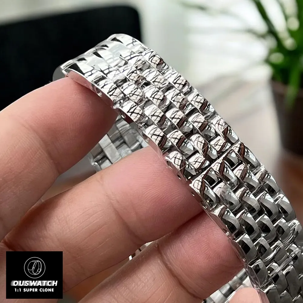 Stainless steel bracelet closeup with hidden dual safety clasp system, engineered for super clone durability