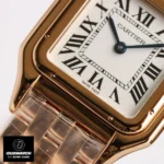 Detailed close-up of the rose gold case of the Cartier WGNP0006 watch dupe, highlighting its craftsmanship.