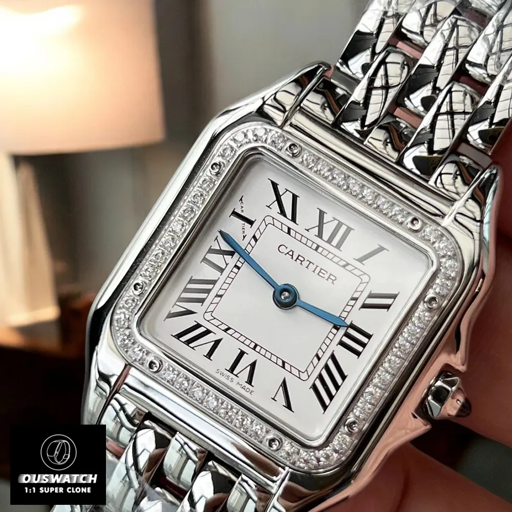 Close-up detail of super clone components: diamond-paved bezel , stainless case, and white dial with Roman numerals